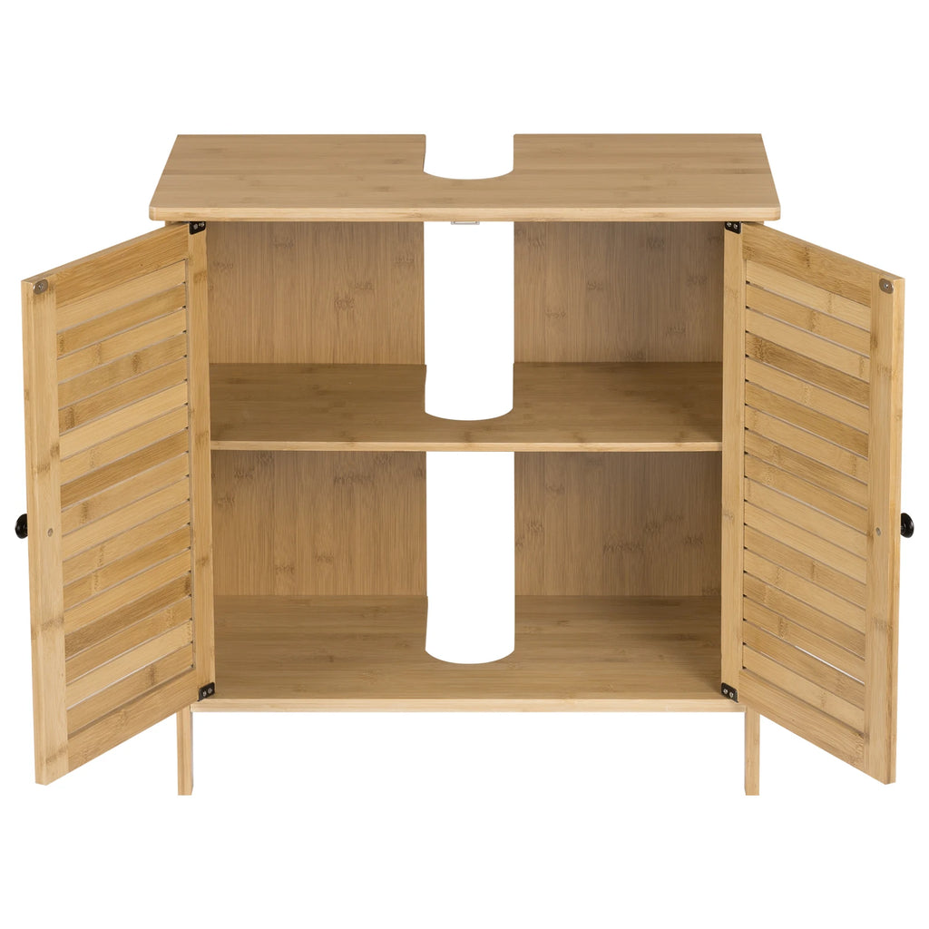Bamboo Bathroom Cabinet with 2 Doors 60x30x60cm Under Sink Storage Cupboard Organizer for Living Room Bedroom