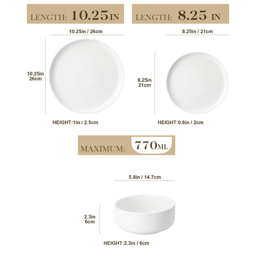 MALACASA Luna series 18-Piece Ceramic Porcelain Dinnerware Set with 6 Pcs Dinner/Dessert Plates,Bowl Tableware Set Service for 6