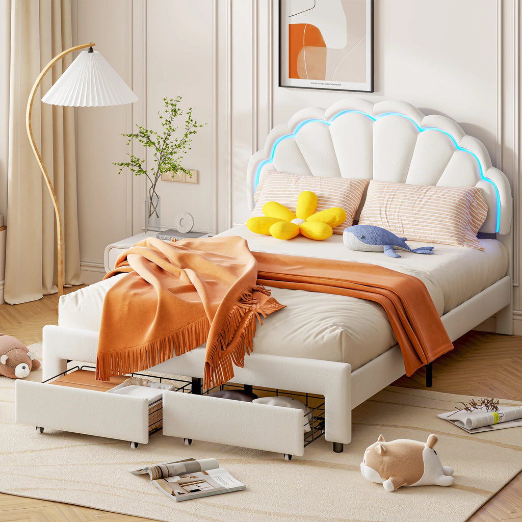 Rosahqnda upholstered bed frame with flower-shaped headboard, bed frame, single bed, petal bed, teen bed