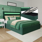 Storage bed 160x200, Double Bed, Upholstered Bed with Bed Box, LED Lighting Green Velvet Storage, Adjustable Height Headboard