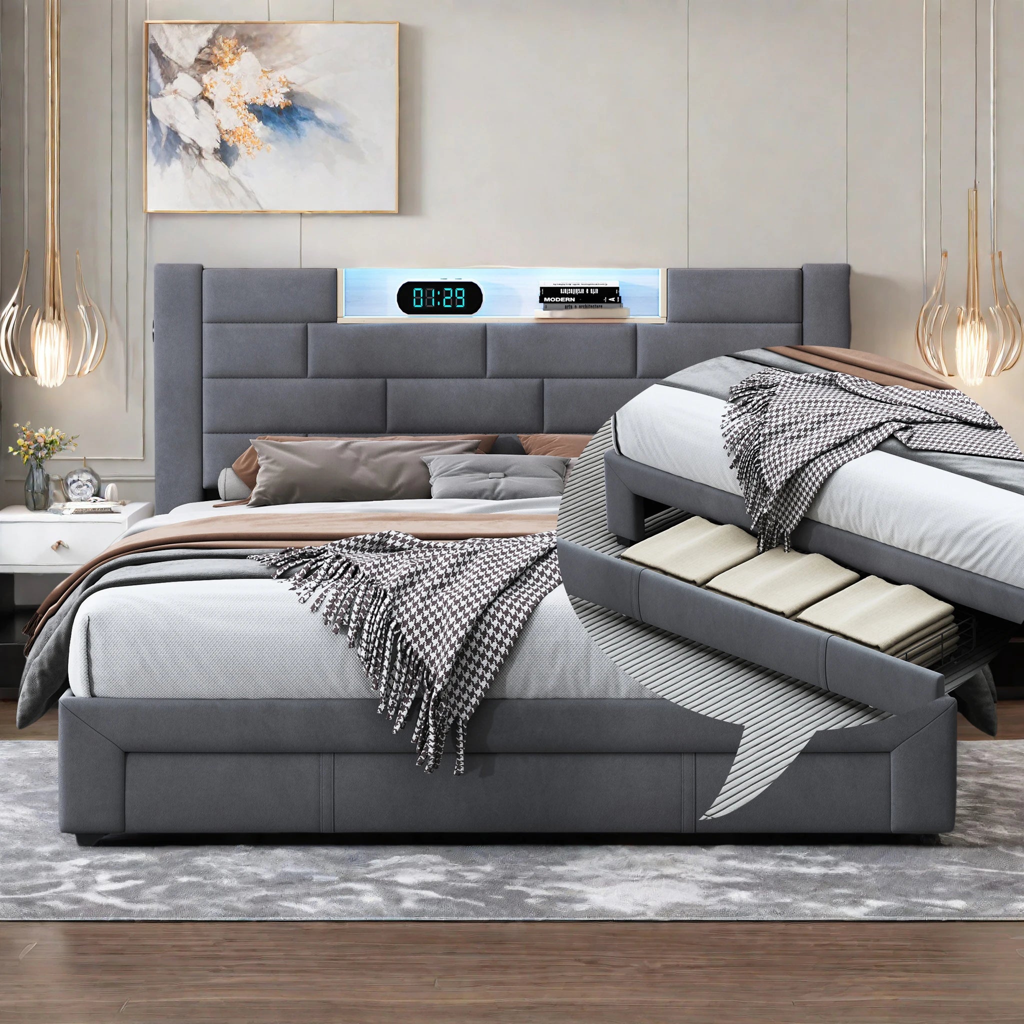Upholstery bed 140x200cm with air lever storage headboard with storage and charging velvet bed with drawers double bed