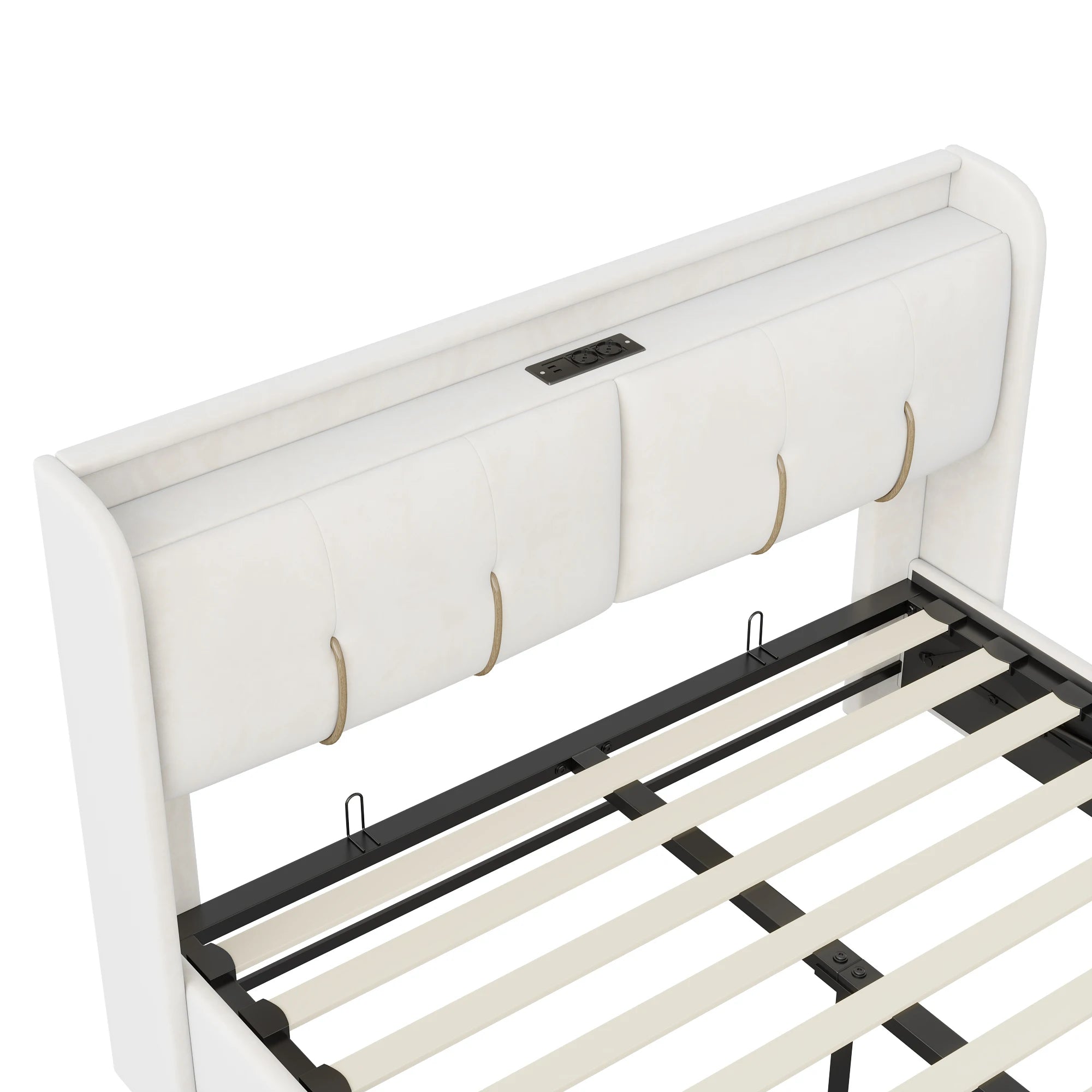 Wooden Aura 160*200cm Double Bed storage Bed with USB Charging and LED Lighting Linen model Grey No Mattress