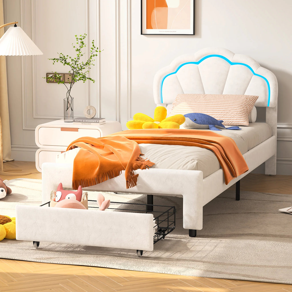 Rosahqnda upholstered bed frame with flower-shaped headboard, bed frame, single bed, petal bed, teen bed