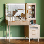 Fluted Makeup Vanity Desk with Mirror and Lights, 5 Drawers Glass Top Makeup Vanity with 4 Storage and 9-Grid Organizer, 3 Color