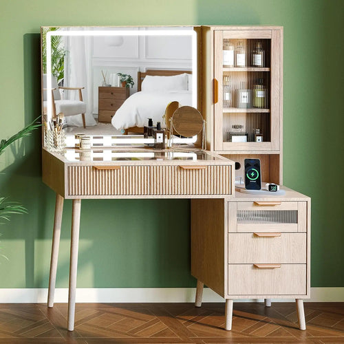 Fluted Makeup Vanity Desk with Mirror and Lights, 5 Drawers Glass Top Makeup Vanity with 4 Storage and 9-Grid Organizer, 3 Color