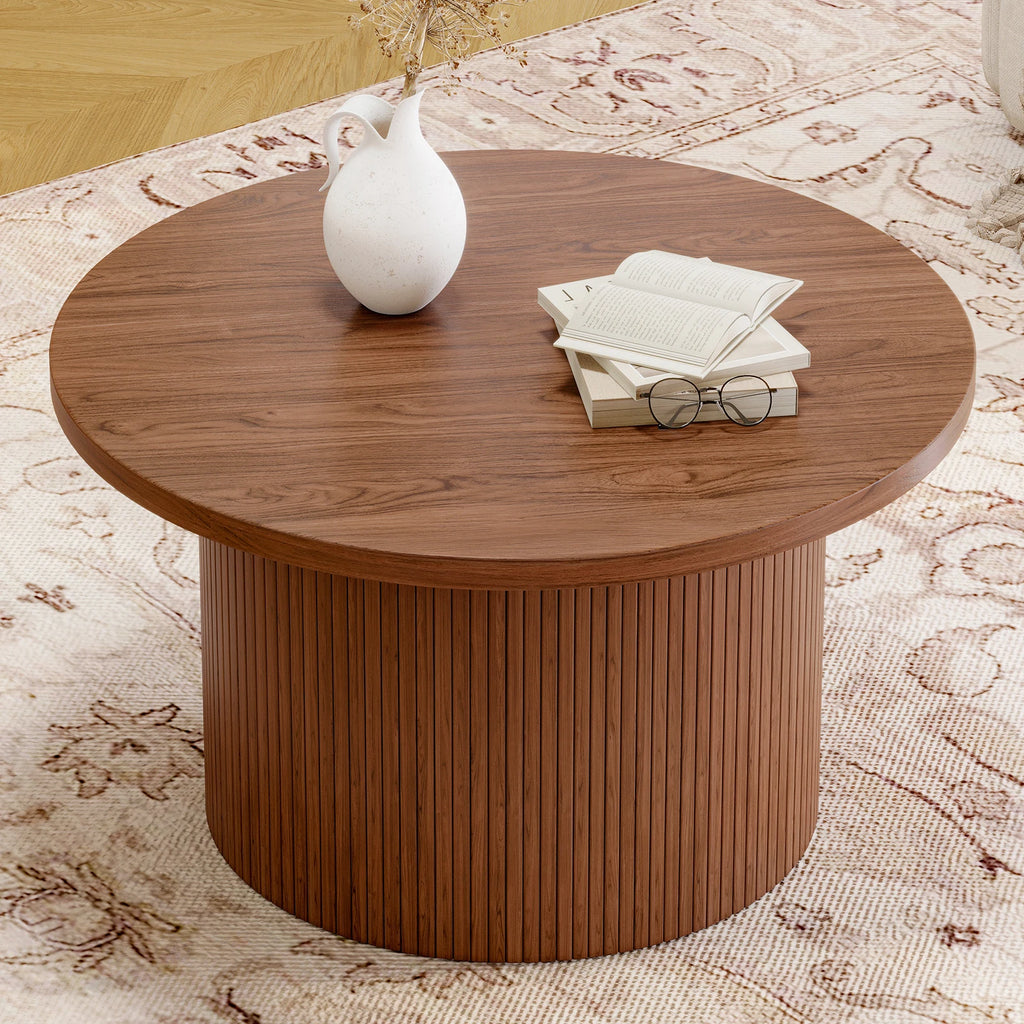 31.5" Round Coffee Table,Tambour Design Coffee Tables,Mid Century Modern Wood Coffee Table,Drum Accent Small Center Table,Walnut