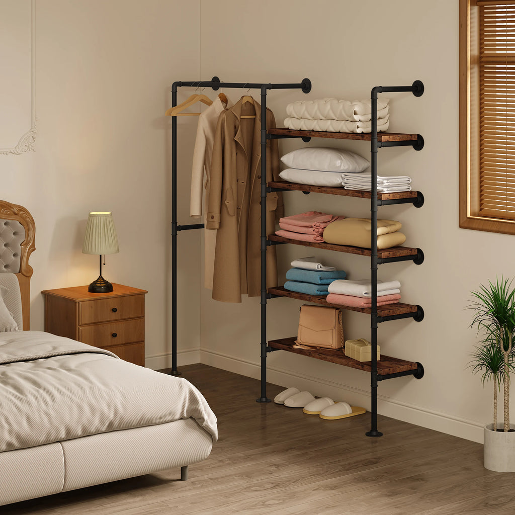 WOLTU Wardrobe Vintage Industrial Coat Rack Clothes Rack Steel Tubing MDF Wall Mounted Clothing Store Display Storage Shelf