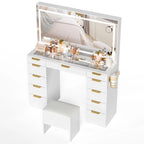 11 Drawers Vanity Desk with Golden Handles, Upgraded Silent Slides Vanity Mirror with Lights, 3 Lighting Modes Glass Top Makeup