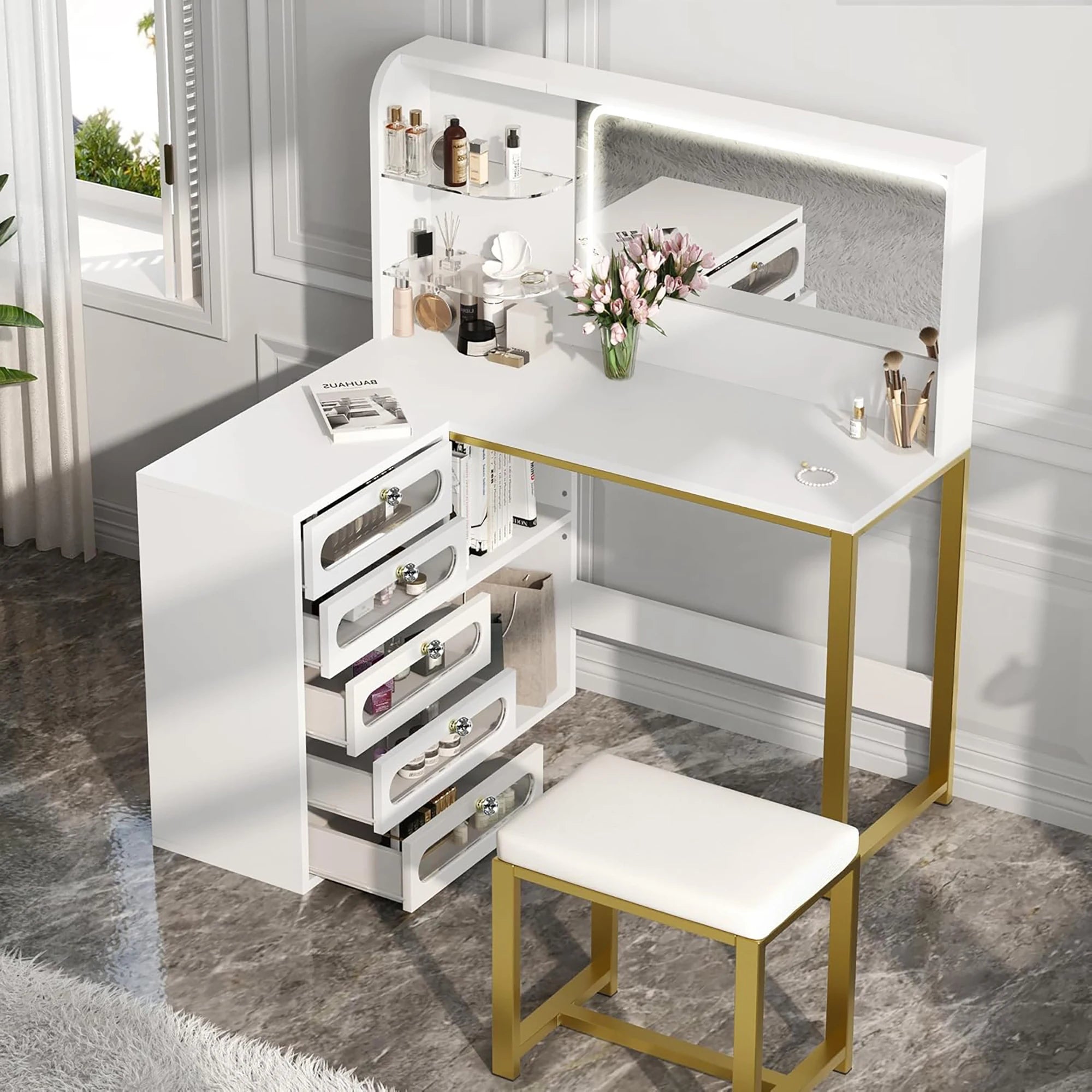 Large dressing table with adjustable LED lighting, dressing table with mirror, 5 drawers, 4 open shelves for bedroom