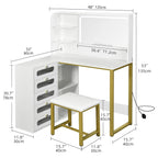 Large dressing table with adjustable LED lighting, dressing table with mirror, 5 drawers, 4 open shelves for bedroom