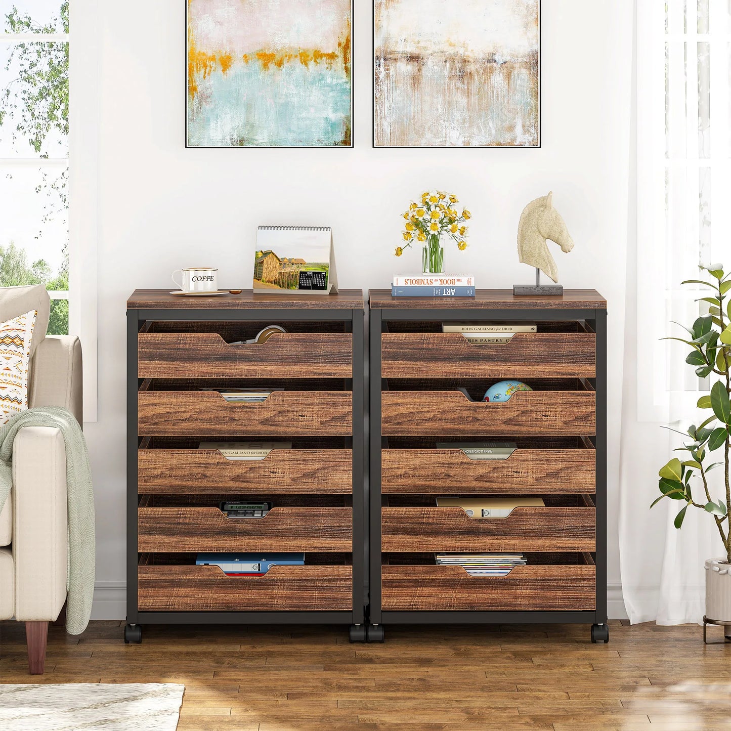 Tribesigns 5-Drawer File Cabinet, Wood Mobile Storage Drawer Unit, Industrial Office Cabinet with Drawers & Wheels