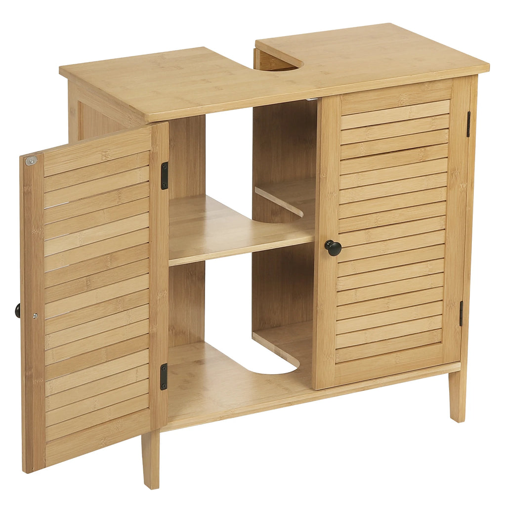 Bamboo Bathroom Cabinet with 2 Doors 60x30x60cm Under Sink Storage Cupboard Organizer for Living Room Bedroom