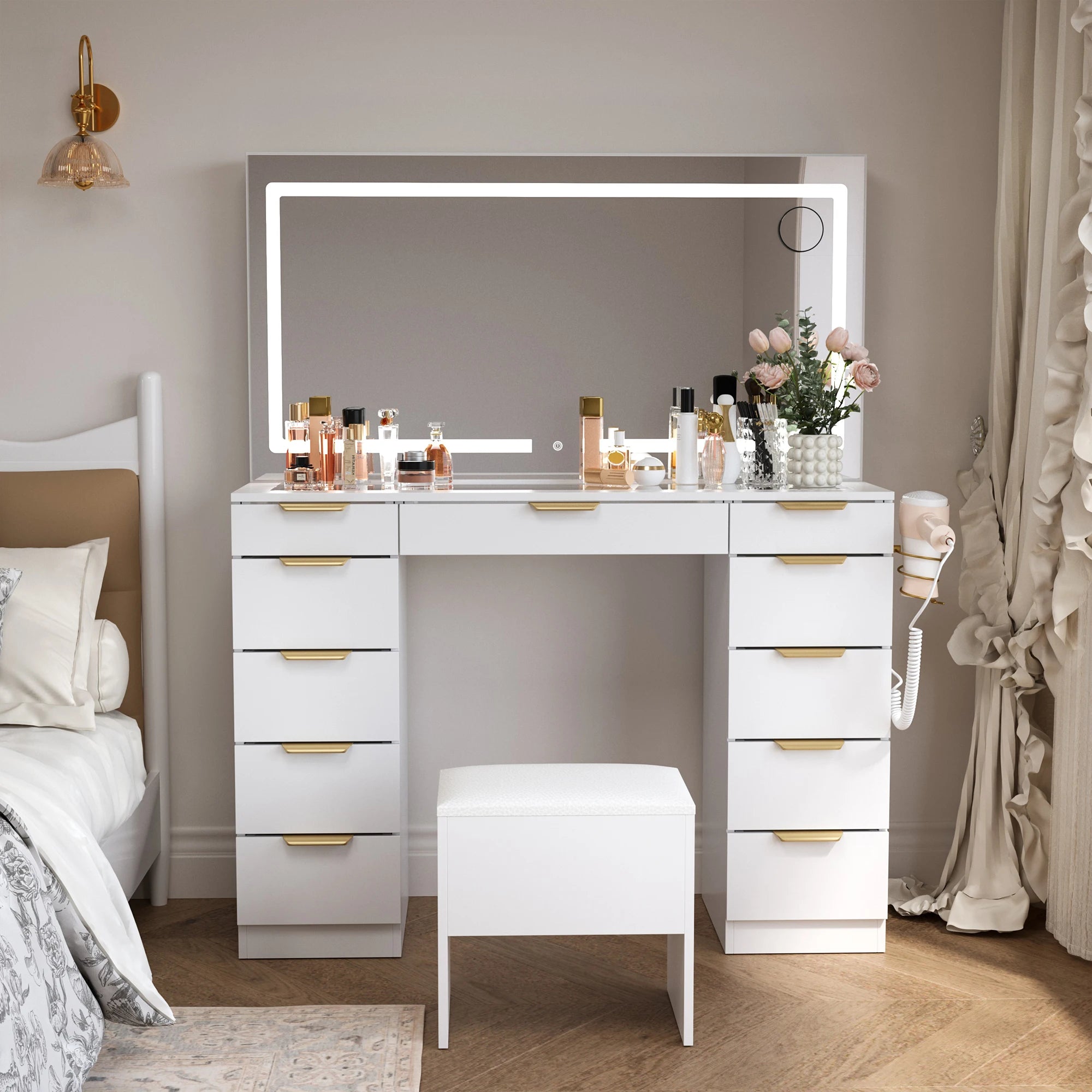 11 Drawers Vanity Desk with Golden Handles, Upgraded Silent Slides Vanity Mirror with Lights, 3 Lighting Modes Glass Top Makeup
