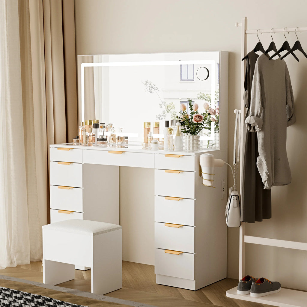 11 Drawers Vanity Desk with Golden Handles, Upgraded Silent Slides Vanity Mirror with Lights, 3 Lighting Modes Glass Top Makeup