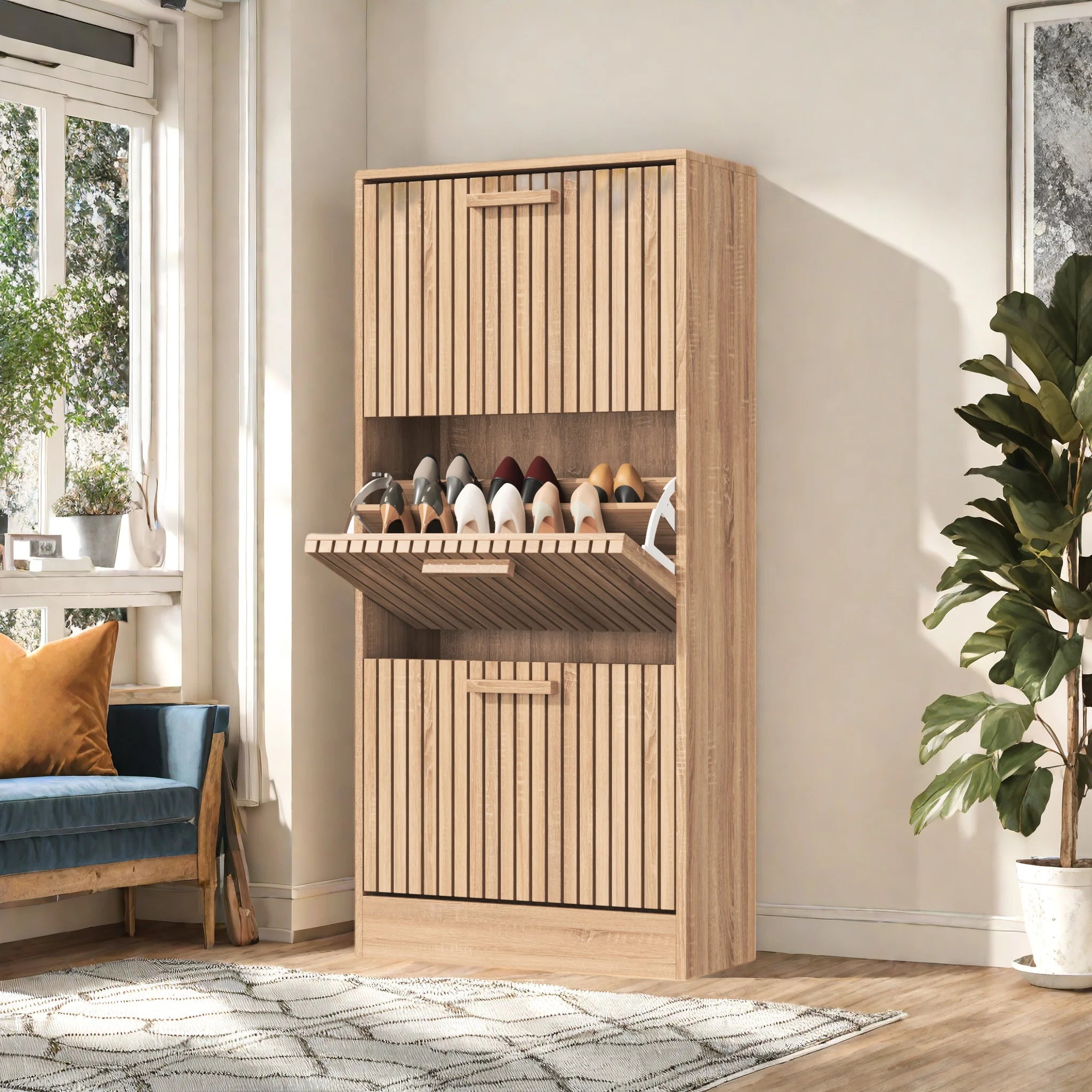 Side Table wood color solid wood table shoe cabinet with hinged lid dust proof storage cabinet
