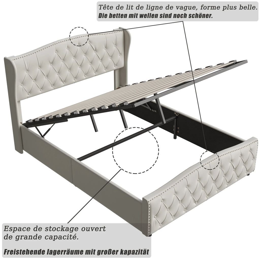 160x200cm Upholstered Double Bed, Hydraulic Bed with Backrest Headboard and Slatted Frame, with Storage Space, Velvet, Beige