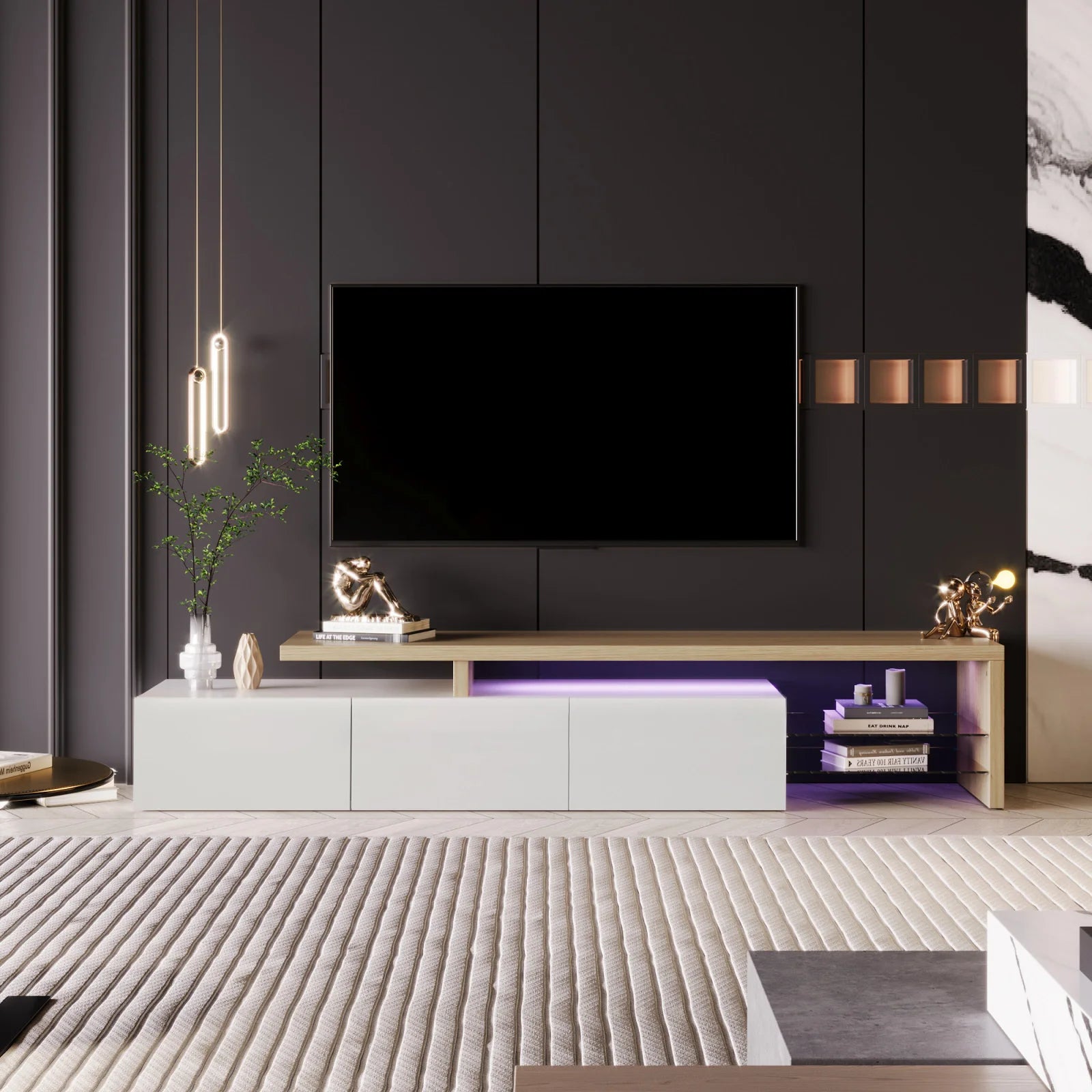 Rosahqnda TV Cabinet for Living Room,TV Lowboard,Sideboard, with LED,2 Glass Partition,3 Drawers,White High Gloss