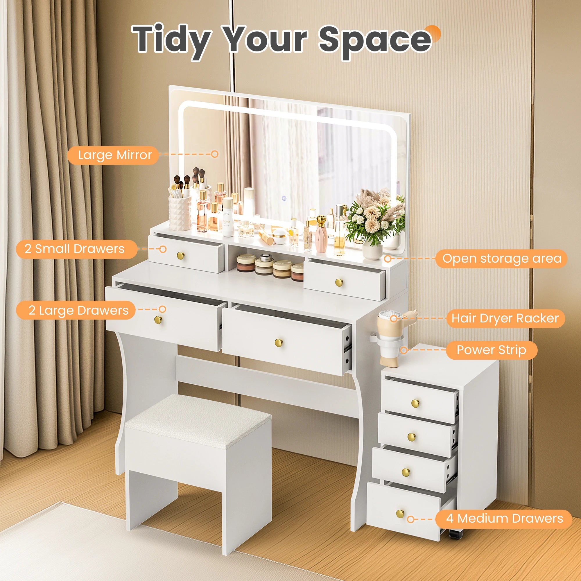 Vanity Desk with Upgraded Silent Slides, 3-Piece Makeup Vanity with Movable Storage Cabinet, Golden Handles 8 Drawers and 3 Ligh