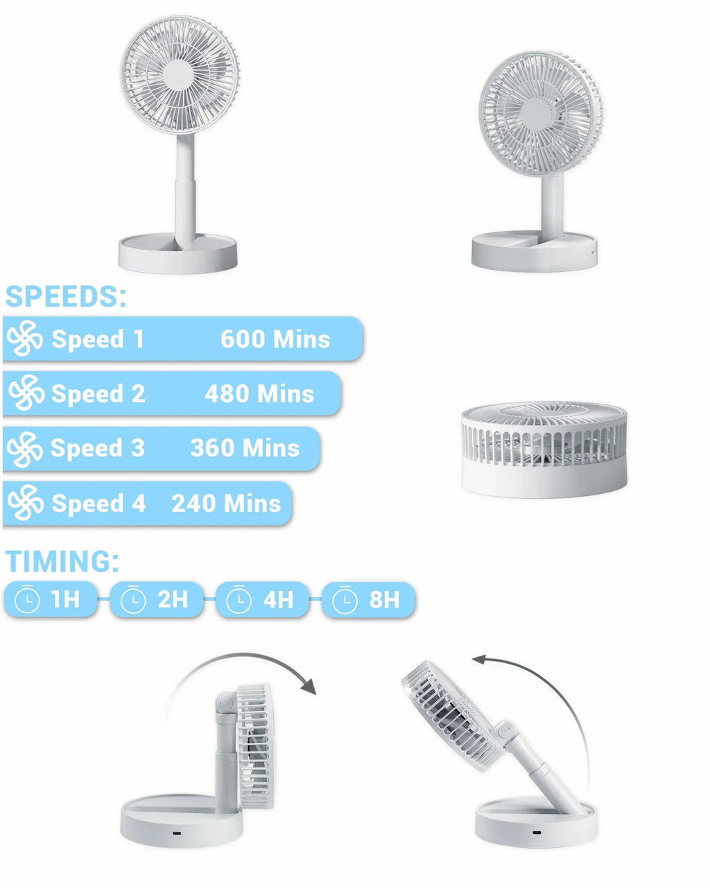 USB Foldable Fan with 4 Speeds ＆ Timing,Battery Operated Mini Fan for