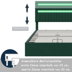 Storage bed 160x200, Double Bed, Upholstered Bed with Bed Box, LED Lighting Green Velvet Storage, Adjustable Height Headboard