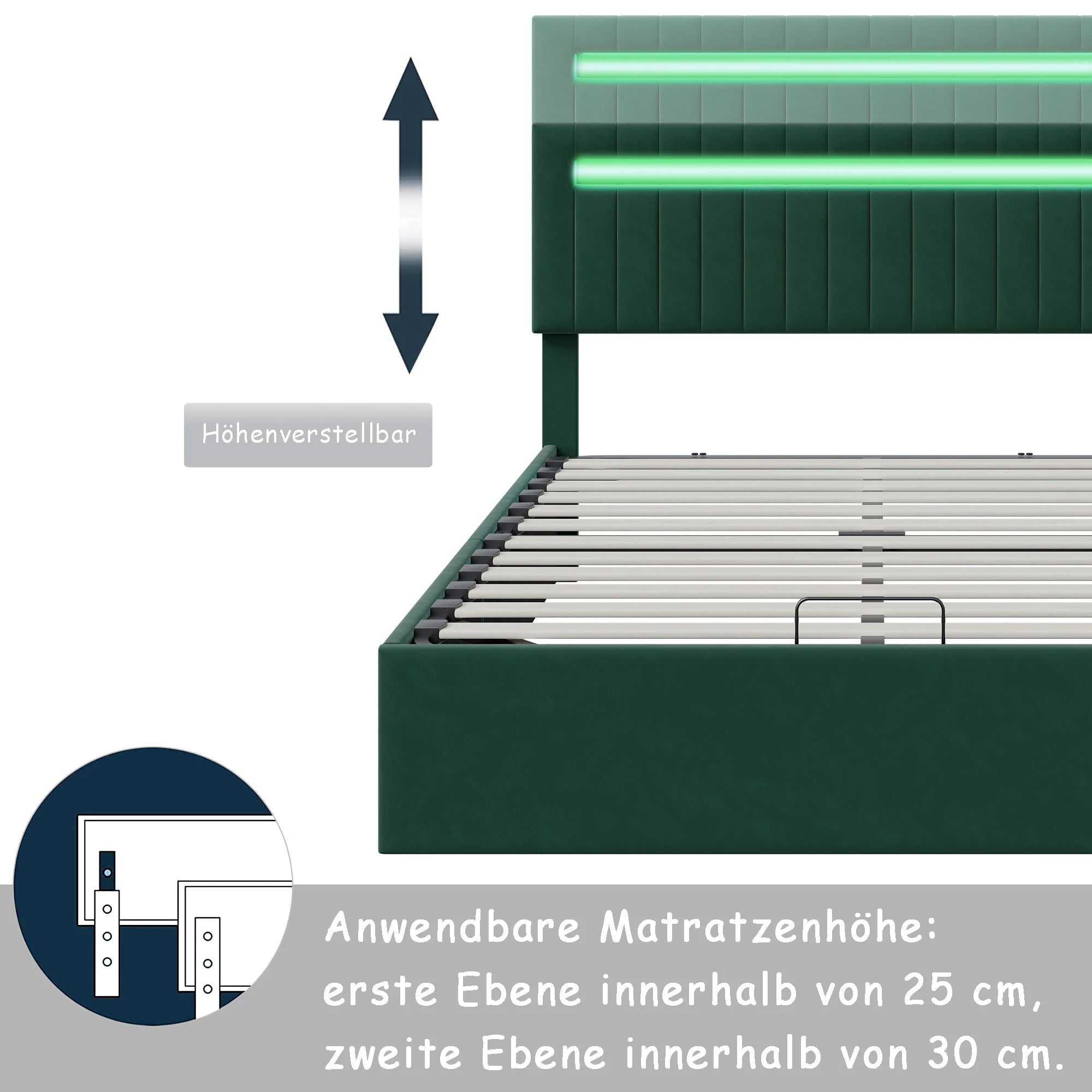 Storage bed 160x200, Double Bed, Upholstered Bed with Bed Box, LED Lighting Green Velvet Storage, Adjustable Height Headboard