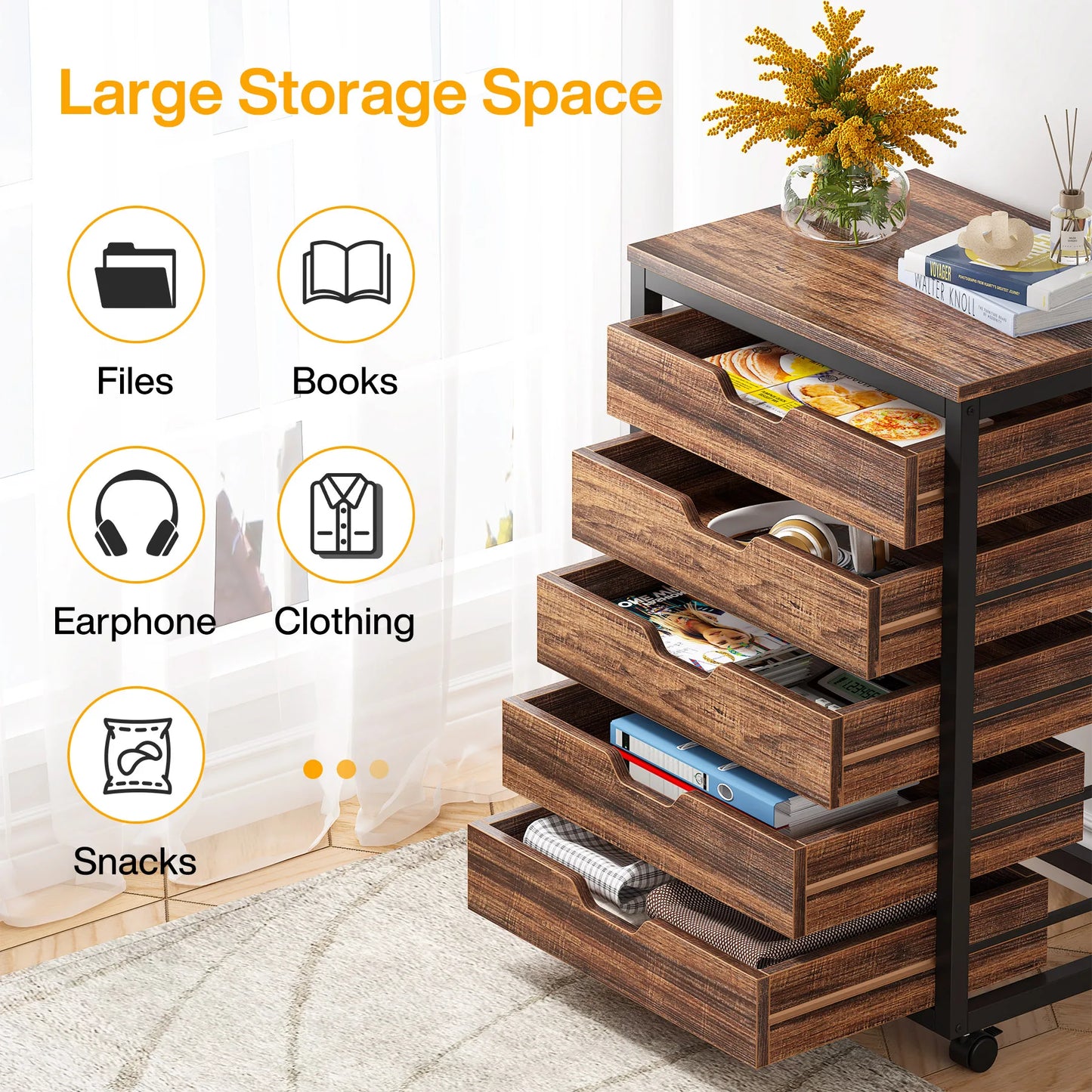 Tribesigns 5-Drawer File Cabinet, Wood Mobile Storage Drawer Unit, Industrial Office Cabinet with Drawers & Wheels