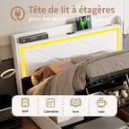 Comanlai Upholstered Bed, 160 x 200 cm, with LED and USB, Hydraulic Storage Bed,with Storage Space and Slatted Frame, PU,White