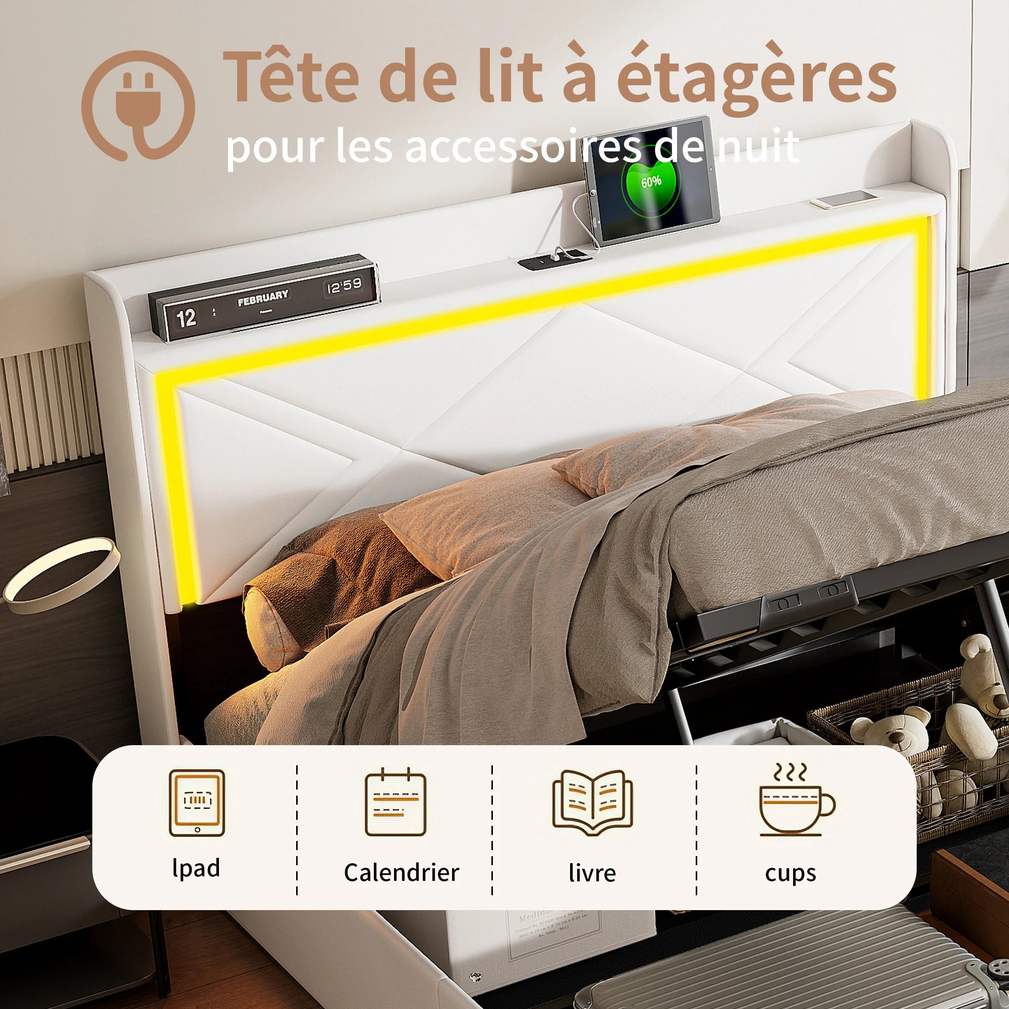 Comanlai Upholstered Bed, 160 x 200 cm, with LED and USB, Hydraulic Storage Bed,with Storage Space and Slatted Frame, PU,White