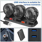 USB 5V Car Triple Header Fan Multi Angle Adjustable, No Obstructed Vie