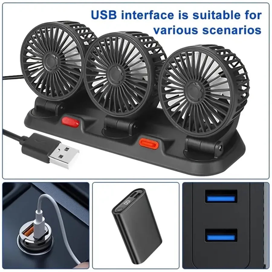 USB 5V Car Triple Header Fan Multi Angle Adjustable, No Obstructed Vie