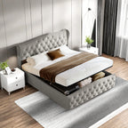 ROSAHQNDA Upholstered Bed, Hydraulic Bed In Modern Style, 140/160 X 200 Cm, Gray Flannel Rivet. Double Bed Without Mattress
