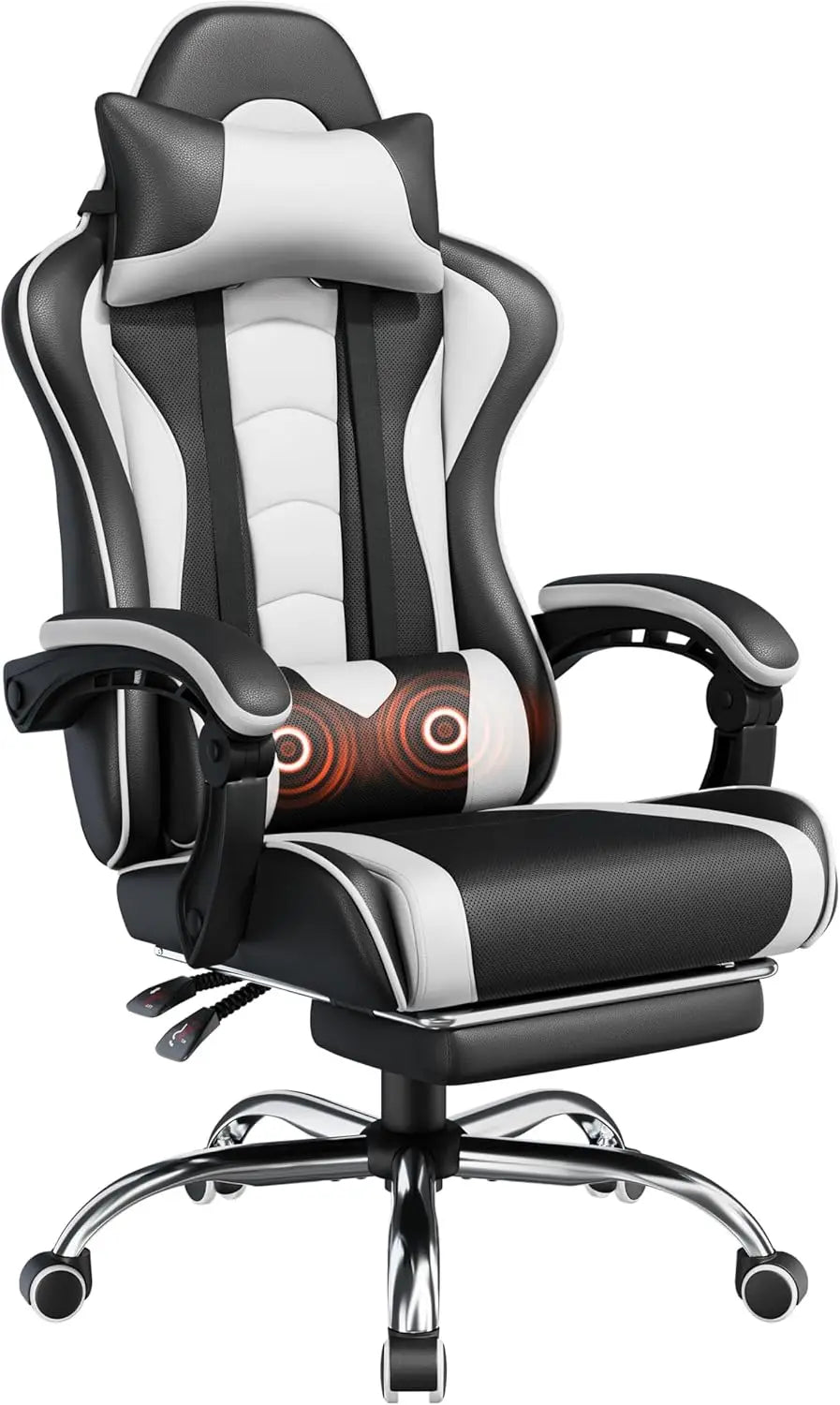 Ergonomic Gaming Chair w/ Massage Lumbar & Footrest - Height-Adjustable, Black/White | AlluCanFind