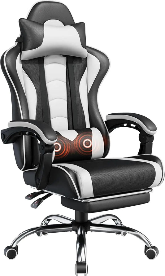 Ergonomic Gaming Chair w/ Massage Lumbar & Footrest - Height-Adjustable, Black/White | AlluCanFind