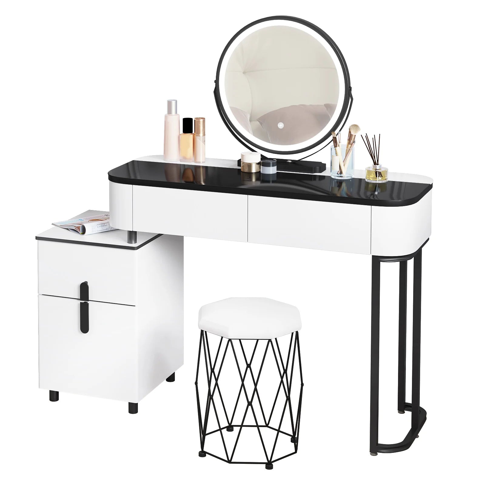 WOLTU 1Set Modern Dressing Table with LED Lighting 3 Colors Girls Women Vanity Cosmetic Table Drawers 1 Side Cabinet