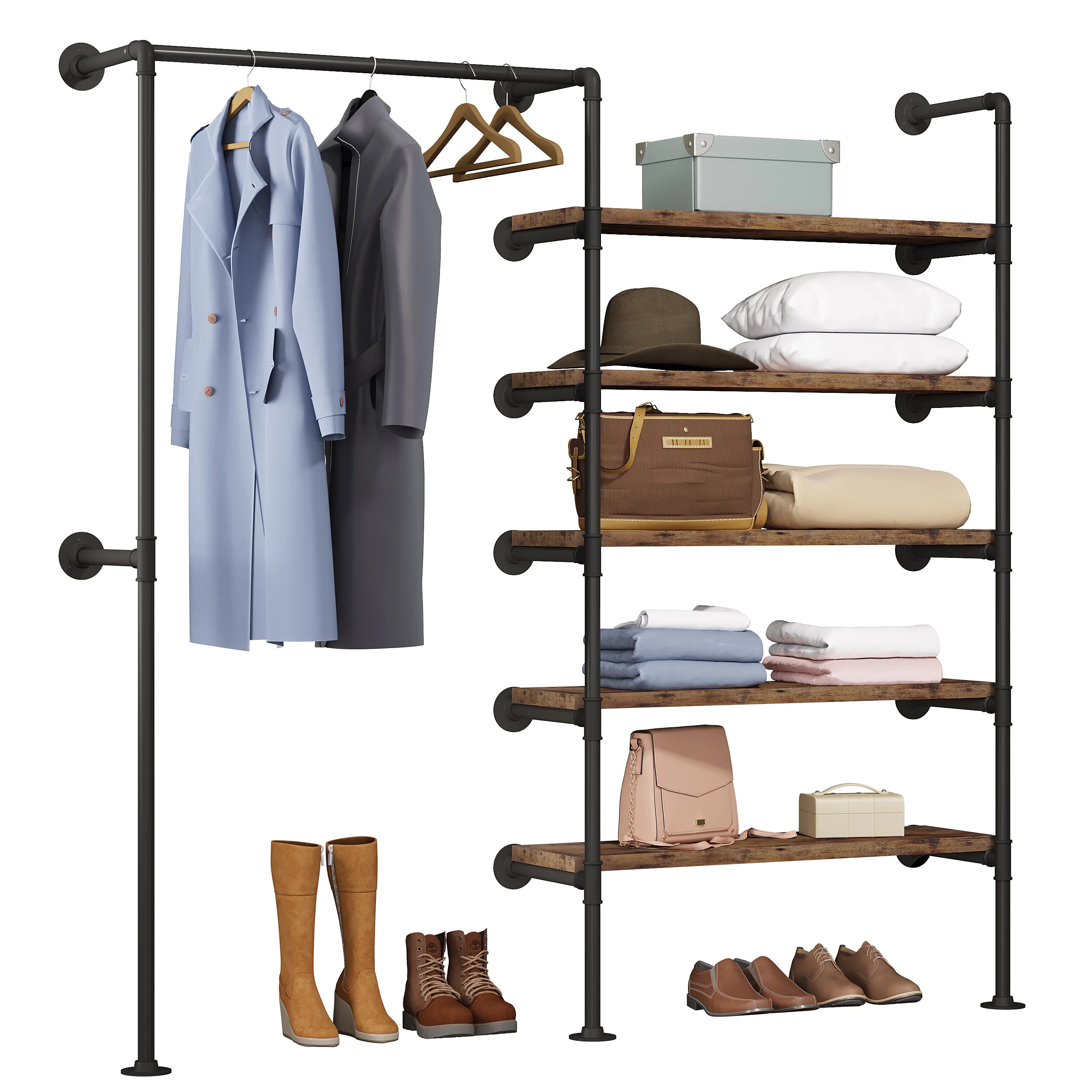 WOLTU Wardrobe Vintage Industrial Coat Rack Clothes Rack Steel Tubing MDF Wall Mounted Clothing Store Display Storage Shelf