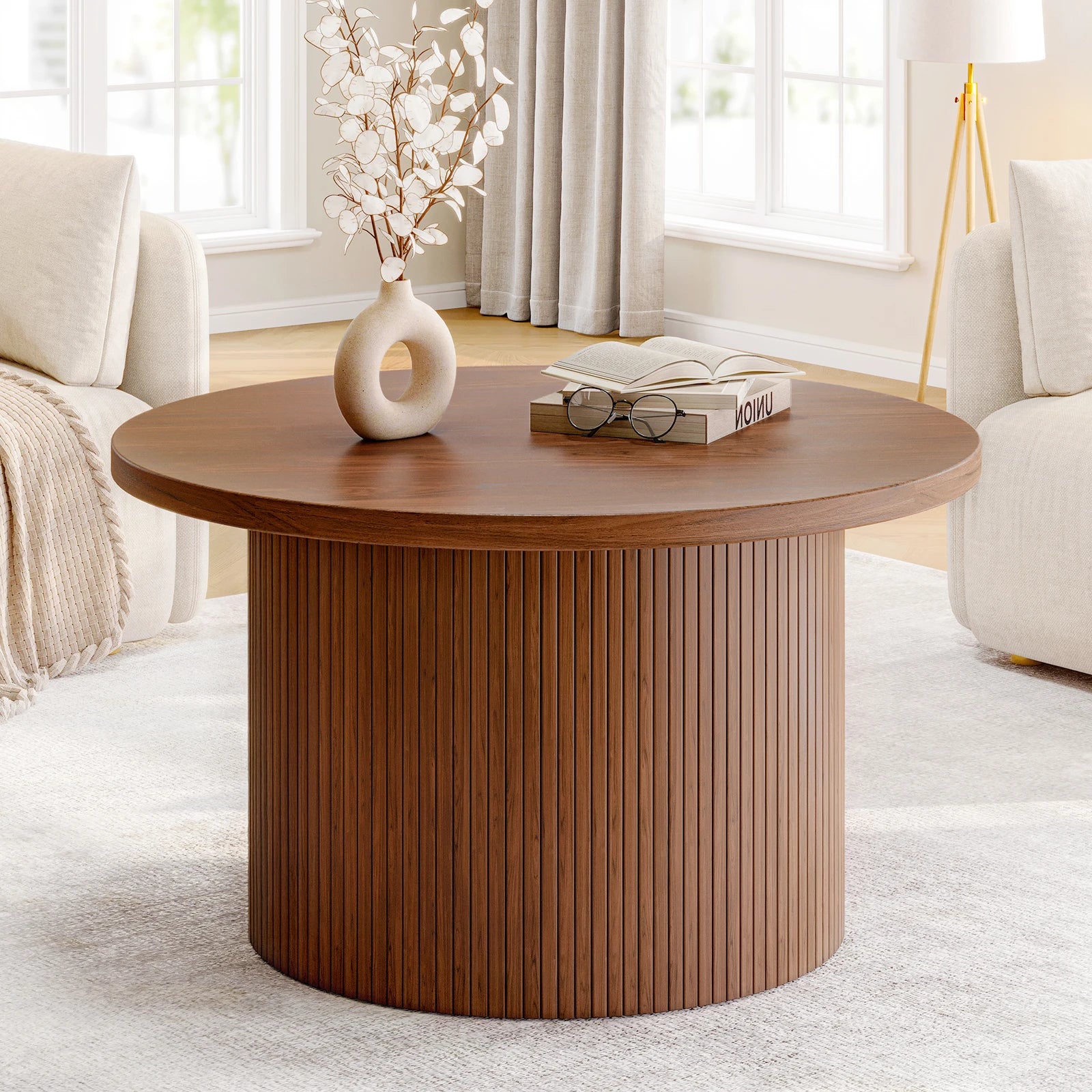 31.5" Round Coffee Table,Tambour Design Coffee Tables,Mid Century Modern Wood Coffee Table,Drum Accent Small Center Table,Walnut