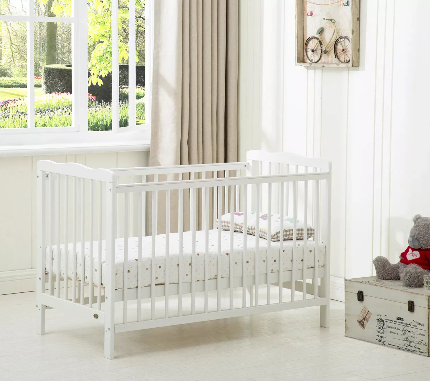 mcc direct Brooklyn Baby Cot Crib With Water repellent Mattress and Safety Wooden Barrier (125 x 66 cm)