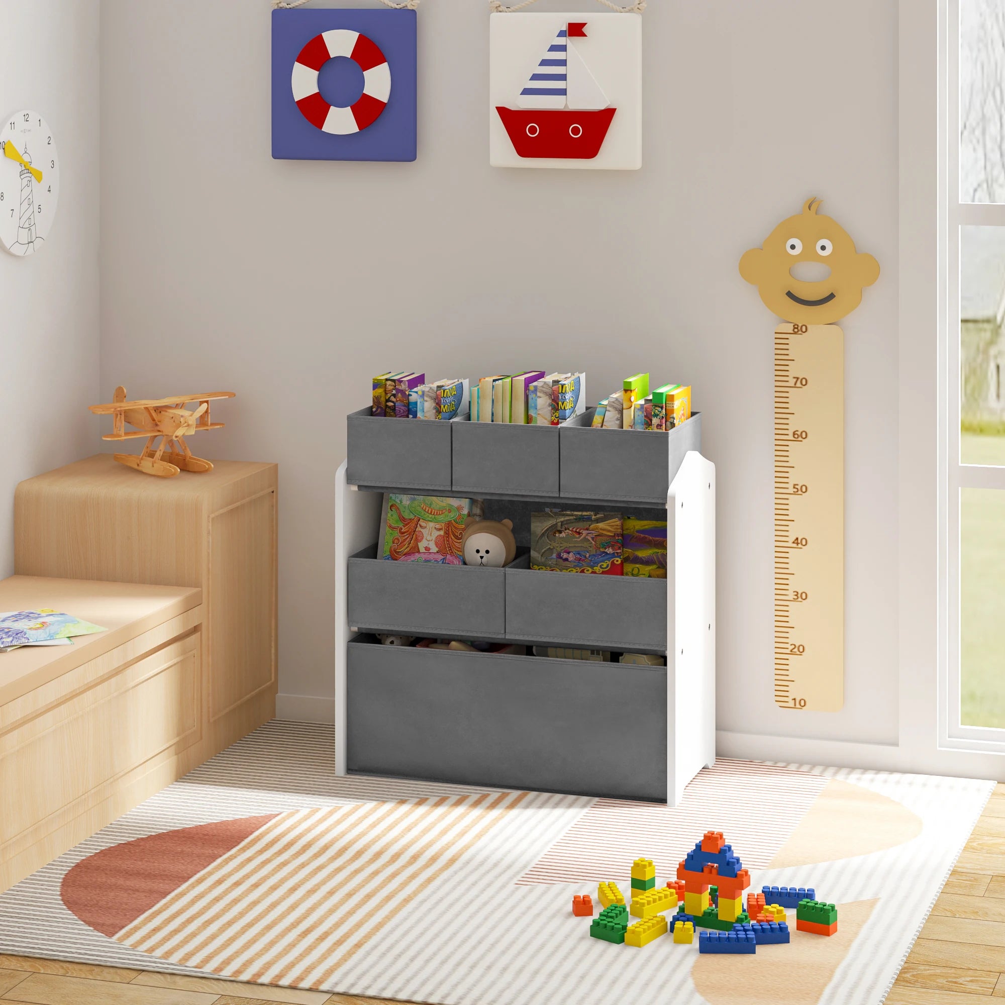 3 Tier Kids Room Storage Cabinet with 6 Removable Nonwoven Toy Boxes 63x30x60cm Nursery Shelf Toy Organiser for Daycare School