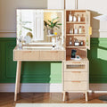Fluted Makeup Vanity Desk with Mirror and Lights, 5 Drawers Glass Top Makeup Vanity with 4 Storage and 9-Grid Organizer, 3 Color