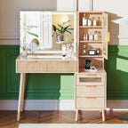 Fluted Makeup Vanity Desk with Mirror and Lights, 5 Drawers Glass Top Makeup Vanity with 4 Storage and 9-Grid Organizer, 3 Color