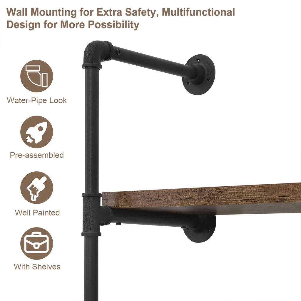 WOLTU Wardrobe Vintage Industrial Coat Rack Clothes Rack Steel Tubing MDF Wall Mounted Clothing Store Display Storage Shelf
