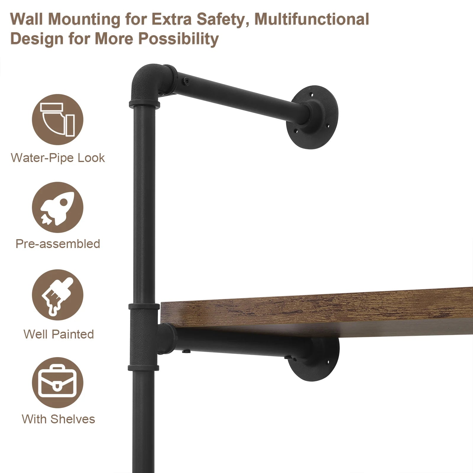 WOLTU Wardrobe Vintage Industrial Coat Rack Clothes Rack Steel Tubing MDF Wall Mounted Clothing Store Display Storage Shelf