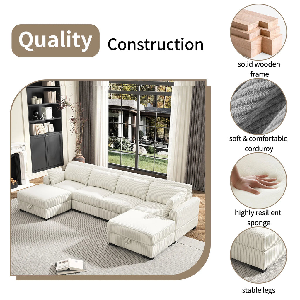 Anajqaqia Modular Sofa Sofa with Cushions, Corner Sofa with Wide Armrests, U-shaped Cord Fabric Sofa