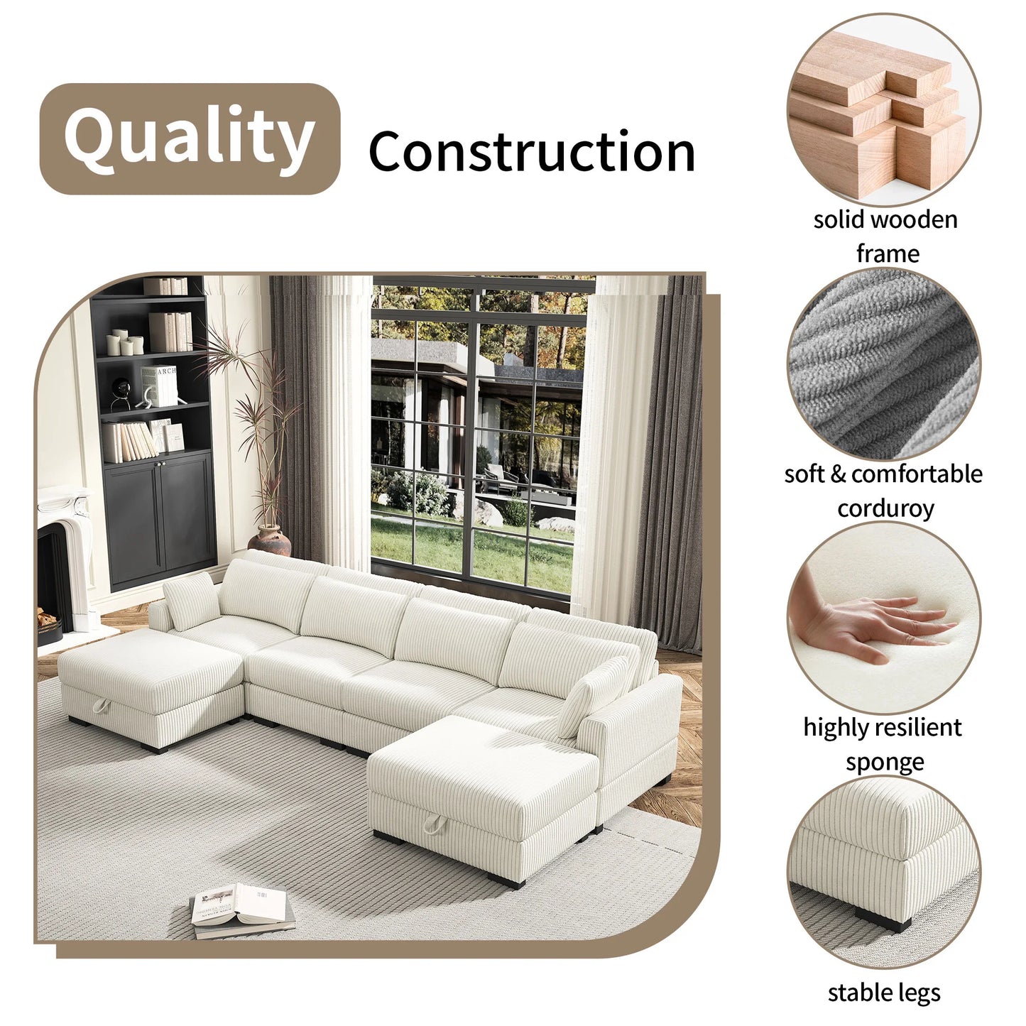Anajqaqia Modular Sofa Sofa with Cushions, Corner Sofa with Wide Armrests, U-shaped Cord Fabric Sofa