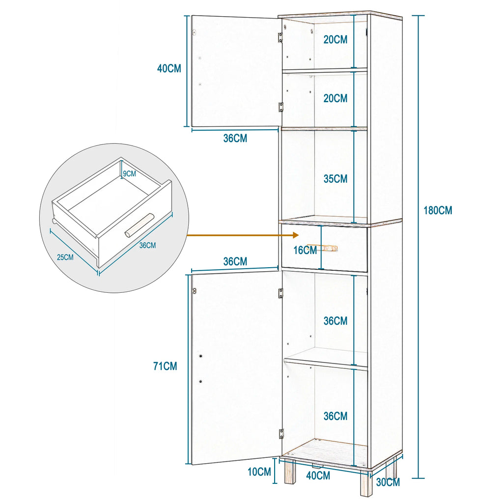 Tall Bathroom Cabinet with 5 Compartments 1 Drawer Adjustable Partitions 39x179x30cm Shower Corner Shelf Storage Rack