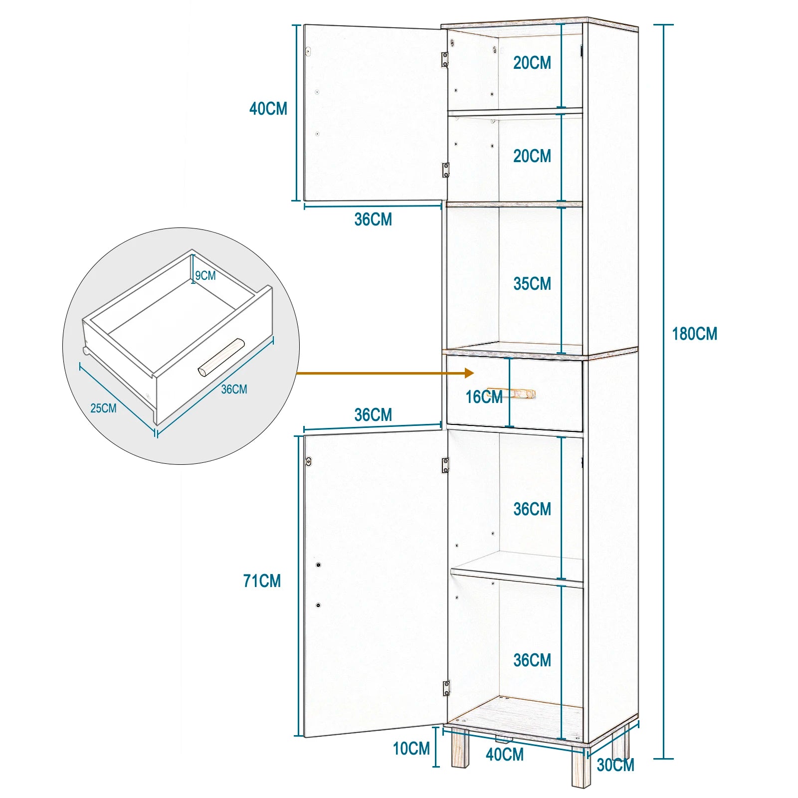 Tall Bathroom Cabinet with 5 Compartments 1 Drawer Adjustable Partitions 39x179x30cm Shower Corner Shelf Storage Rack