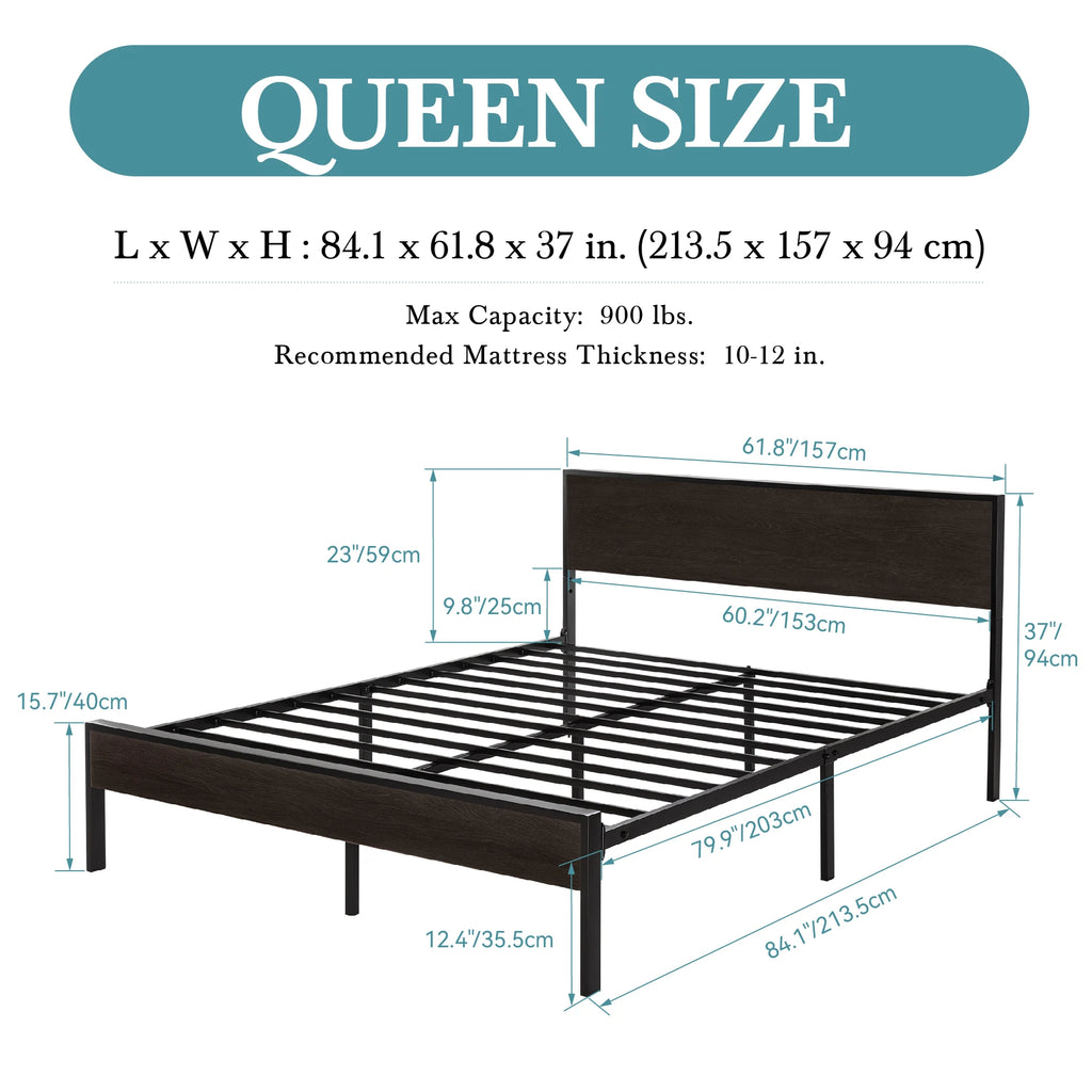 HOOMIC Bed Frame with Wooden Headboard, Metal Platform Bed with Strong Mattress Foundation, No Box Spring Needed,