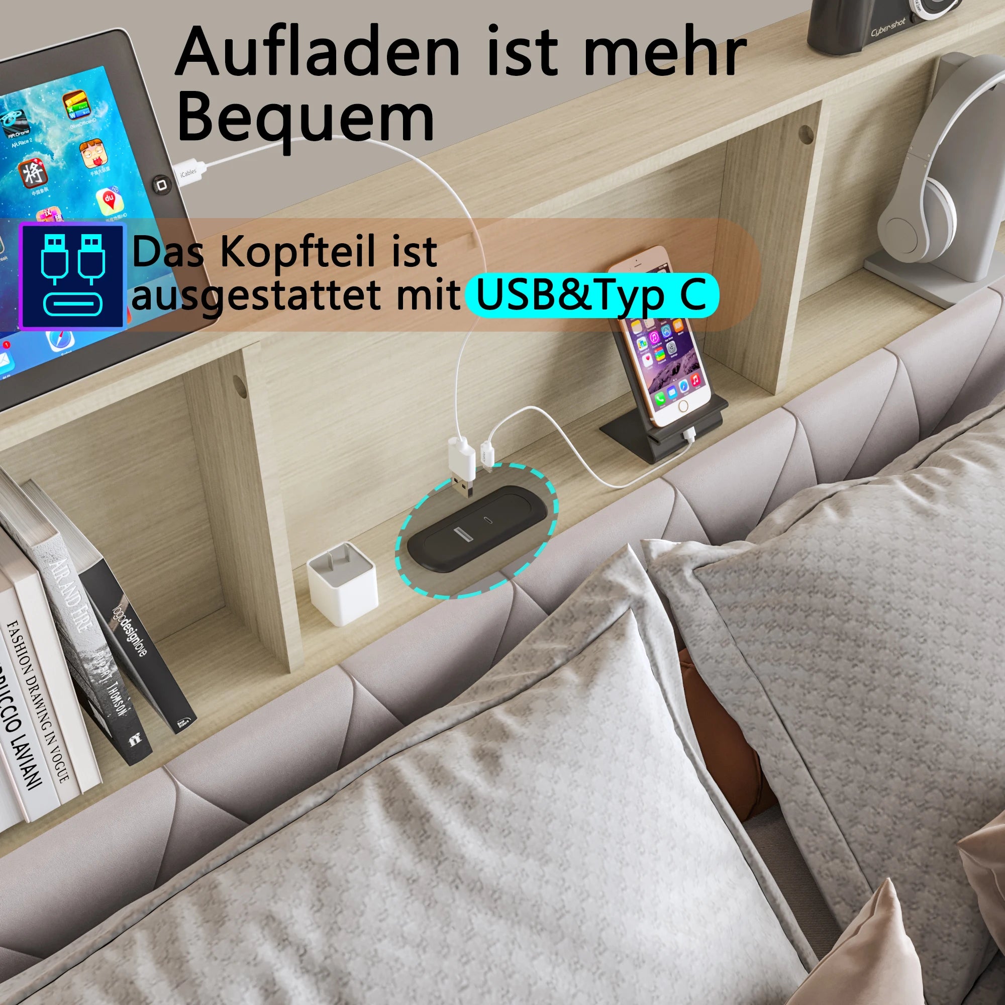 Upholstered bed frame, full/queen/King, double bed with four drawers, headboard with storage compartment, without mattress