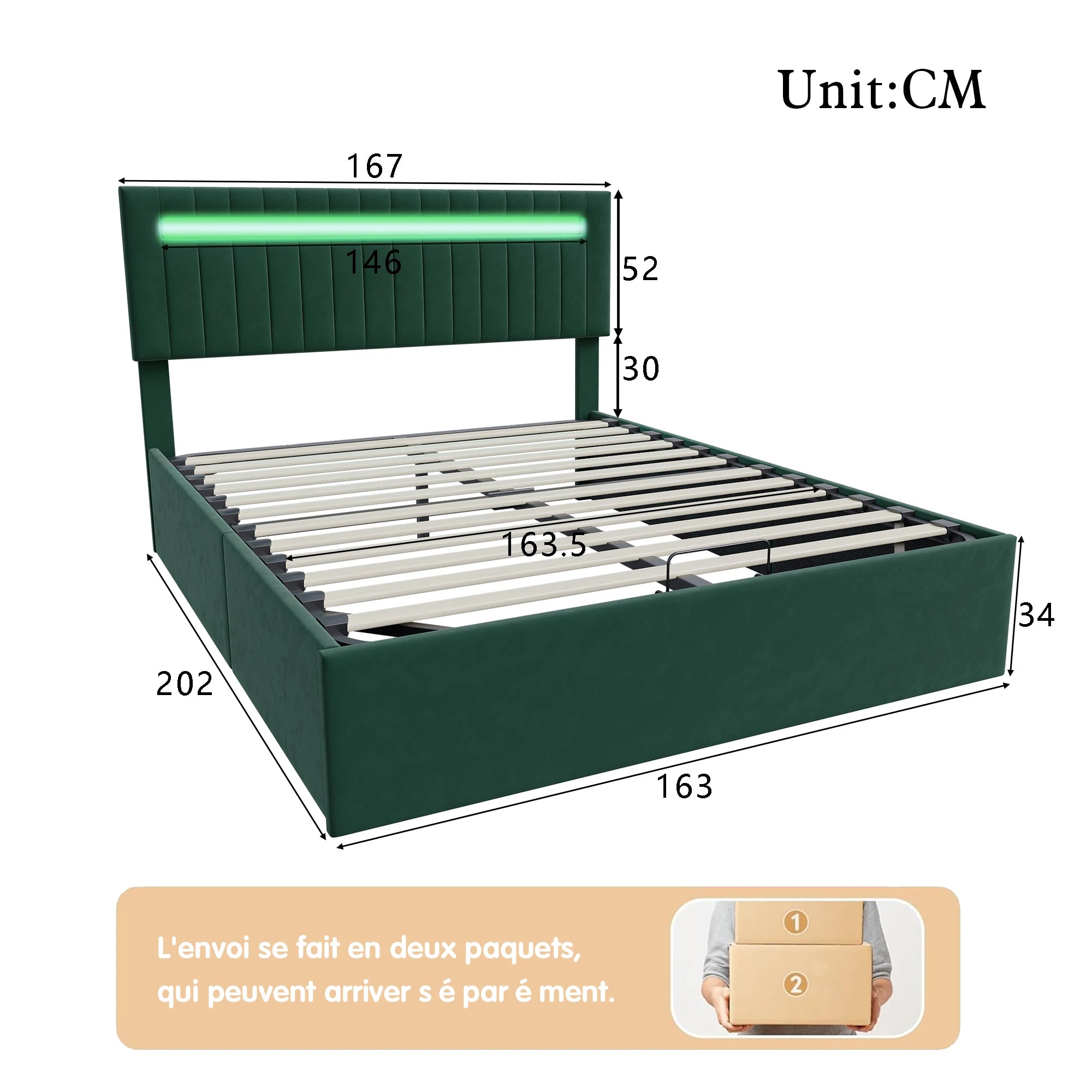 Storage bed 160x200, Double Bed, Upholstered Bed with Bed Box, LED Lighting Green Velvet Storage, Adjustable Height Headboard