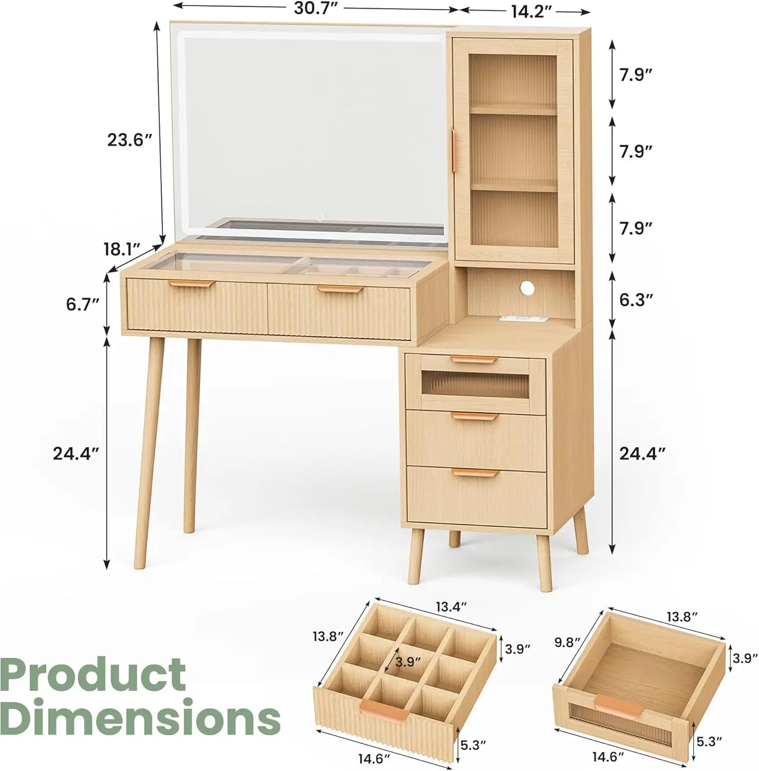 Fluted Makeup Vanity Desk with Mirror and Lights, 5 Drawers Glass Top Makeup Vanity with 4 Storage and 9-Grid Organizer, 3 Color